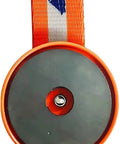 Front view of orange boat trailer surge brake lockout tool with strap and circular wheel