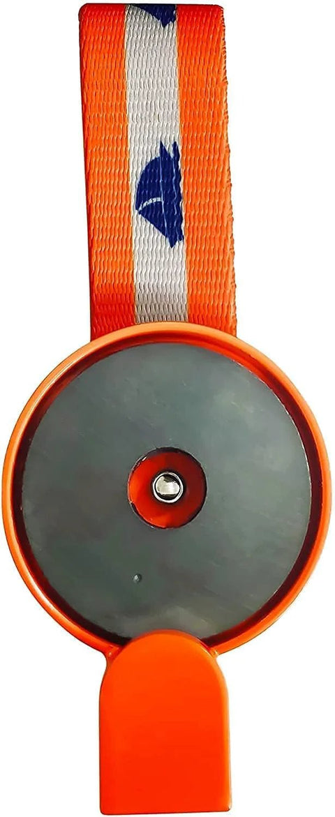 Front view of orange boat trailer surge brake lockout tool with strap and circular wheel