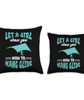Let A Girl Show You How To Hang Glide Throw Pillow With A Bold Hang Glider Graphic Cozy Cotton Cover For Hang Gliding Fans Adrenaline Junkies Great Gift For Sky Lovers Home Or Dorm Decor on black background