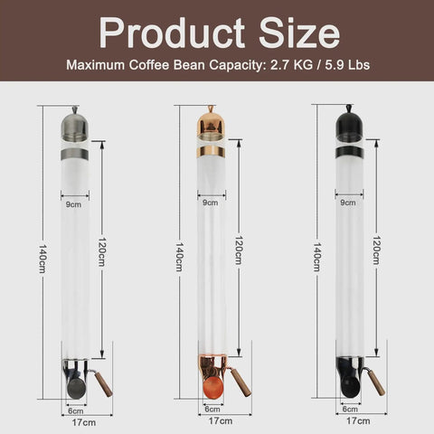 Product size details of Straight Up Heavy Duty Wall Mount Dry Food Dispenser Set in three colors, measuring 120-140cm, for pantry organization.