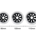 Three Six Pack Inline Skate Wheels 90mm 100mm 110mm Set 85A Replacement for Roller Blades White 100mm Wheels side by side