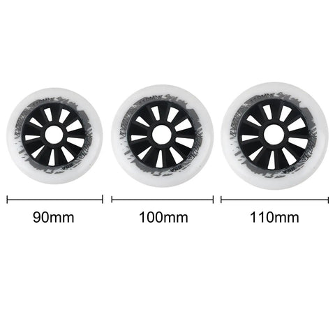 Indoor Outdoor Inline Roller Skate Wheels Six Pack 90mm 100mm 110mm With 85A Hardness, wheel set with diameter labels