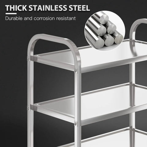 Close-up of the Three Shelf Stainless Steel Serving Cart With Wheels 400 Lb Capacity, highlighting thick steel and durable structure.