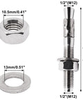 One Half Inch By Three And One Half Inch Stainless Steel Wedge Concrete Anchors Heavy Duty Bolts For Cement A2-70 Strength shown in parts with dimensions.