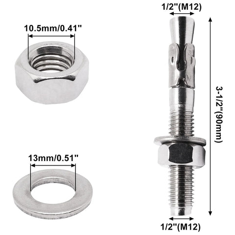 One Half Inch By Three And One Half Inch Stainless Steel Wedge Concrete Anchors Heavy Duty Bolts For Cement A2-70 Strength shown in parts with dimensions.