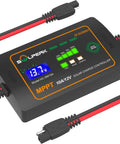 10A 12V MPPT Solar Charge Controller with LCD Display and cables showing battery compatibility for RVs and tiny homes