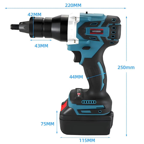 Hella Durable Cordless Rivet Gun With Bright Led Light And Comprehensive Metric Head Kit For Blind Threaded Inserts, showcasing dimensions and design.