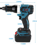 No Strings Attached Slick Cordless Rivet Nut Gun With 26V Automatic Force, side view displaying size dimensions and powerful design.