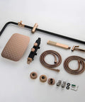 Top Shelf Wall Mounted Rain Shower Combo Set With Smooth Handheld Sprayer And Bathtub Faucet Featuring Sleek Rose Gold And Matte Black Finish with components laid out.
