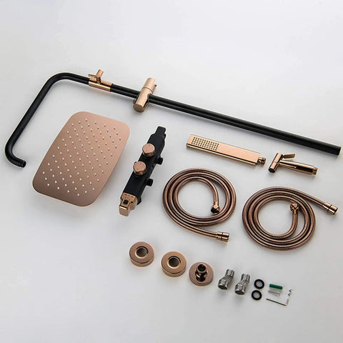 Top Shelf Wall Mounted Rain Shower Combo Set With Smooth Handheld Sprayer And Bathtub Faucet Featuring Sleek Rose Gold And Matte Black Finish with components laid out.