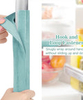 Person attaching turquoise Refrigerator Door Handle Covers Set Of 4 Plush Washable Anti Dust With Hook And Loop Fasteners