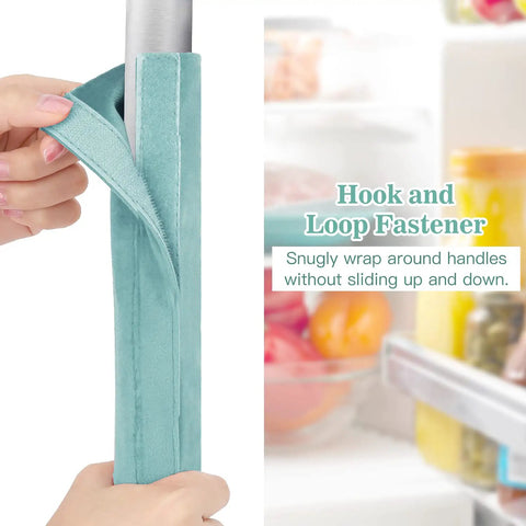 Person attaching turquoise Refrigerator Door Handle Covers Set Of 4 Plush Washable Anti Dust With Hook And Loop Fasteners