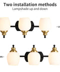 Bold Black And Gold 3 Light Vanity Light Fixture With White Glass Globe for Bathroom Wall Sconce showing two installation methods.