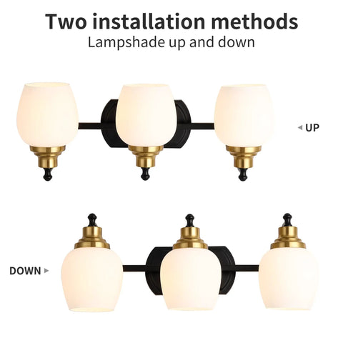 Bold Black And Gold 3 Light Vanity Light Fixture With White Glass Globe for Bathroom Wall Sconce showing two installation methods.