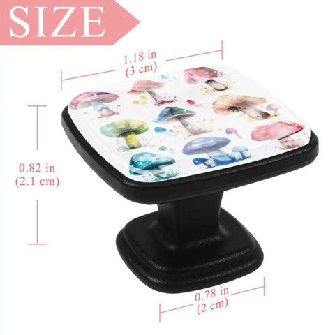 4 Pack Colorful Mushroom Watercolor Cabinet Knobs With Crystal Glass Tops And Black ABS Backing, size dimensions displayed
