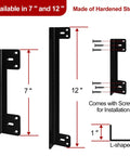 Heavy Duty Swing Out Door Latch Guard With Solid One Inch Offset Cover, 7" L-shape, made of hardened steel with installation screws.