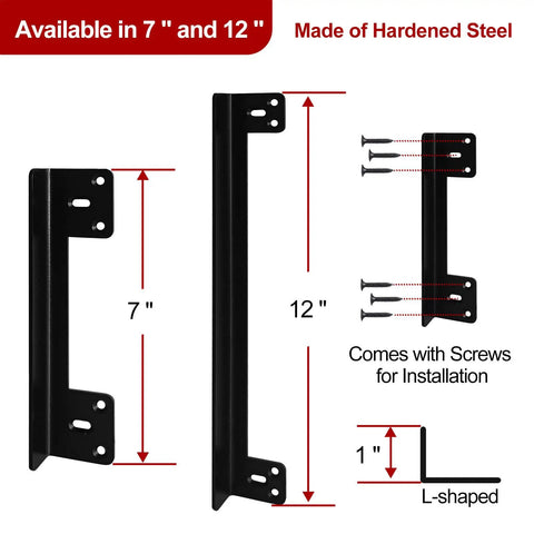 Heavy Duty Swing Out Door Latch Guard With Solid One Inch Offset Cover, 7" L-shape, made of hardened steel with installation screws.