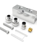Aluminum Air Manifold 2 Way 4 Port Block Splitter With 1/4 NPT Output and 1/2 NPT Supply, push to connect fittings displayed