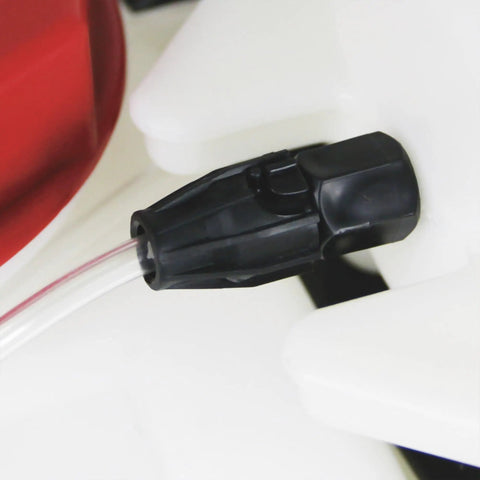 Close-up of hose attachment on Dual Tank ATV UTV Spot Sprayer With 25 Gallon Water Tank And Separate Concentrate Tank For On Demand Mixing 12V 2.5 GPM Pump Weather Resistant Translucent White.