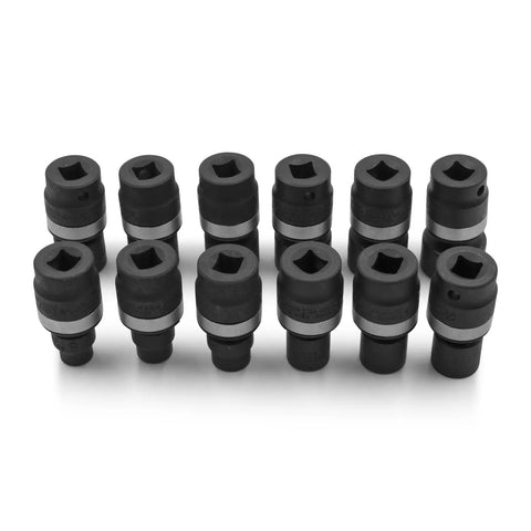 Tough 12 Piece Three Eighths Inch Drive Metric Swivel Impact Socket Set With Holder For Heavy Duty Auto Repairs, Six Point Sockets