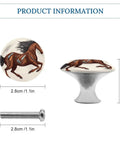 Two Pack Brown Horse Round Stainless Steel Cabinet Knobs with screws, 2.8 cm dia, shown from side and front angles.