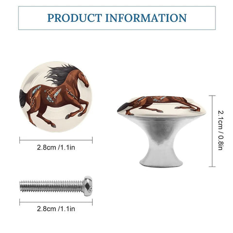 Two Pack Brown Horse Round Stainless Steel Cabinet Knobs with screws, 2.8 cm dia, shown from side and front angles.