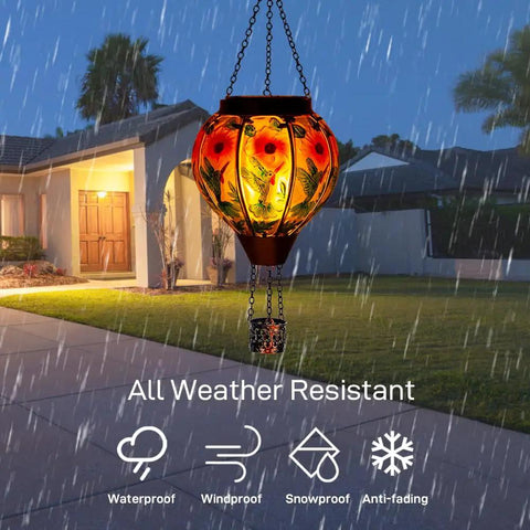 Hummingbird Hot Air Balloon Solar Lantern Outdoor Hanging Light with Flickering Flame Metal and Glass Waterproof Lanterns
