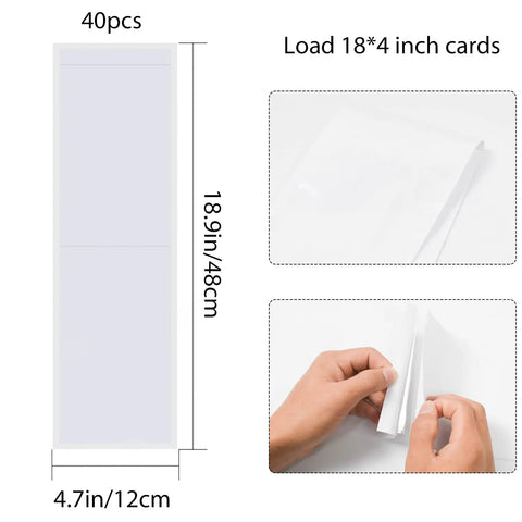 40 Pack Self Adhesive Nameplate Pockets for Desks, Clear 18.9 x 4.7 Inch Outer Pocket Size, Thick 7 Mil diagram and peel demo