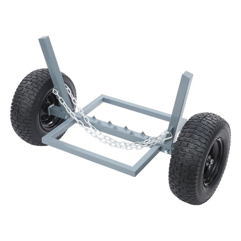 Beefed Up Heavy Duty Log Dolly With Tow Chain, 1500 Lb Capacity Firewood Cart, showing gray steel frame and black rubber tires.