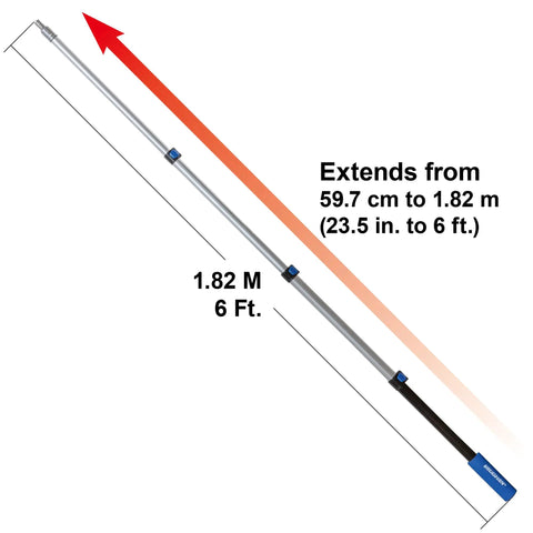 Six Foot Telescoping Extension Pole With Aluminum Shaft And EVA Grip Flip Lock Adjustable Sections For Painting Cleaning And Hard To Reach Areas Totally Built For High Ceilings Exterior And Interior Jobs With A Smooth Flip Lock For Quick Adjustments displaying full extension.