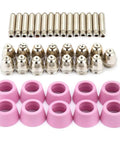 Top Grade 40 Piece Plasma Cutter Consumables Set With Ceramic Cups, Electrodes And Nozzles For Cut60 Lgk60 60 Amp Machines, featuring silver nozzles and pink ceramic cups.