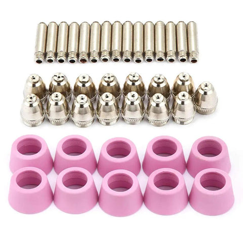 Top Grade 40 Piece Plasma Cutter Consumables Set With Ceramic Cups, Electrodes And Nozzles For Cut60 Lgk60 60 Amp Machines, featuring silver nozzles and pink ceramic cups.