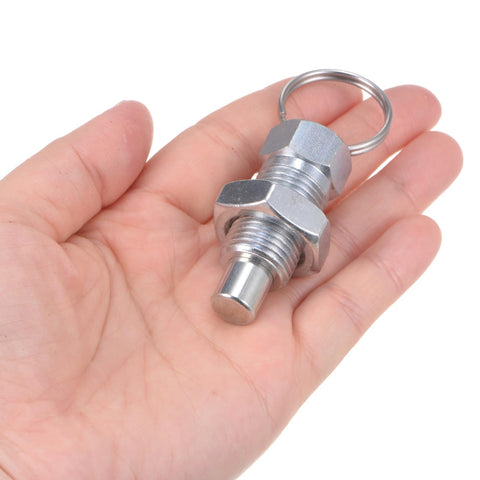 2 Pack M16 Spring Plunger Pins M16 X 1.5 Thread 0.96 Inch Body 10 Millimeter Pin Flat Head High Carbon Steel Beatproof Locating Detent Bolts in hand.