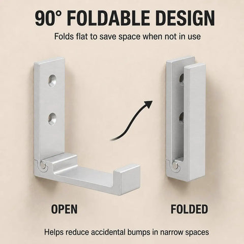 Legit Heavy Duty Folding Wall Hooks 4 Pack Silver Aluminum Alloy Flip Down Coat Rack showing 90° foldable design in open and folded positions.