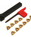 Pro Grade Lathe Threading Tool Holder Set SER1212H16 With Carbide Inserts And Wrench Rectangular Shank Secure Mount Alloy Steel Body Includes 10 Gold Triangular Inserts 13 Mm, holder, inserts, wrench on white background