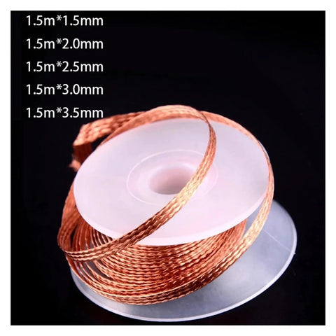 Desoldering Braided Solder Wick Remover Kit with copper wire on spool, diameter sizes 1.5mm to 3.5mm, 1.5m length.