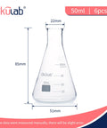 Sturdy Borosilicate 3 3 Glass Conical Flask Set With Printed Graduation 50 Milliliters Each Six Pack. Flask dimensions shown.