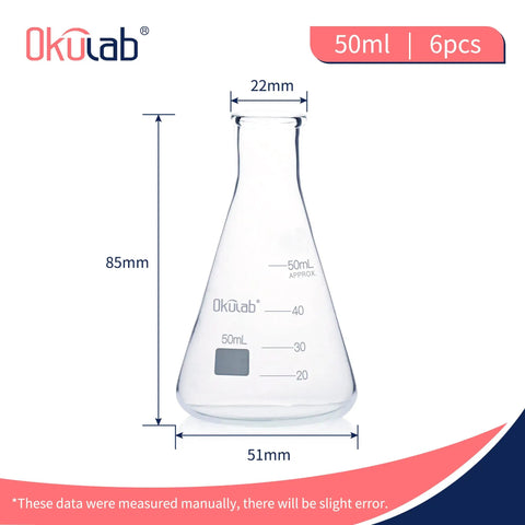 Sturdy Borosilicate 3 3 Glass Conical Flask Set With Printed Graduation 50 Milliliters Each Six Pack. Flask dimensions shown.