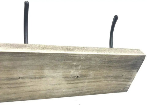 Close-up of Wall Mounted Coat Rack With Pine Wood Three Hook Rail Vintage Rustic Entryway Organizer For Hallway Mudroom Bathroom Or Bedroom Built Tough Zinc Die Cast Hooks Space Saving And Stylish, showing wood grain and hooks.