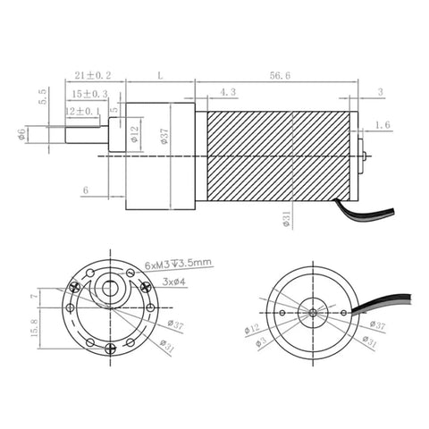 Technical drawing of Reliable DC Gear Motor 88 RPM Tubular Reducer 12V Or 24V Permanent Magnet Motor Model 37GB31Y 31ZY