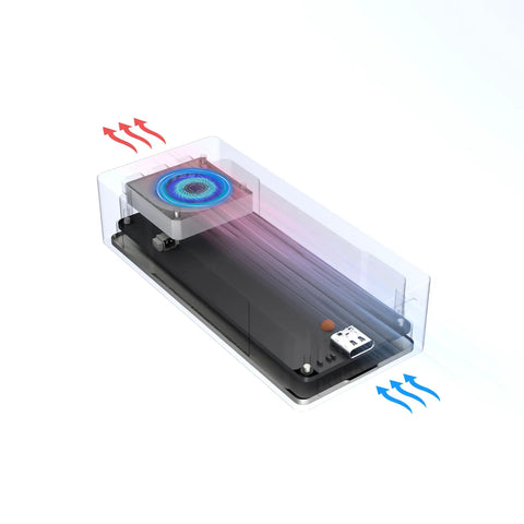 Fast Usb4 To Nvme Enclosure Syncing Thunderbolt 5 shows cooling fan and aluminum shell designed for Macs and PCs.
