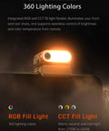 Smartphone Gimbal Stabilizer With 3 Axis Stabilization, built-in RGB fill light, showcasing 360 lighting colors and brightness control.