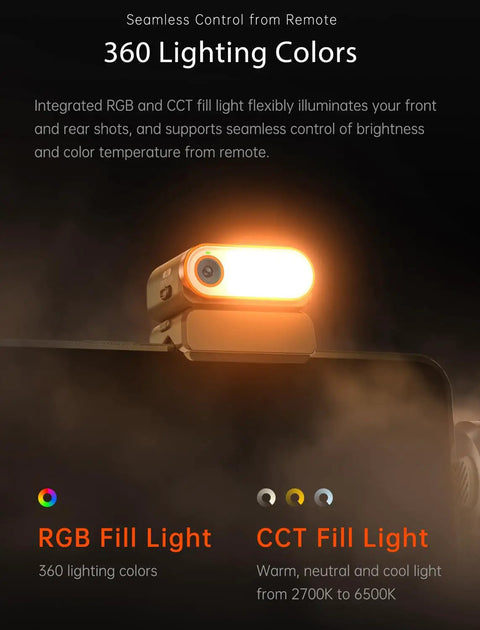 Smartphone Gimbal Stabilizer With 3 Axis Stabilization, built-in RGB fill light, showcasing 360 lighting colors and brightness control.