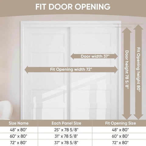 Front view of 5-Panel Bypass Sliding Closet Door With Steel Frame, White Primed Finish, 72 X 80 Inches, size details shown.