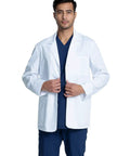 Man wearing Men's 30 Inch Lab Coat White Consultation Coat With Durable Mechanical Stretch Fabric Modern Fit Notched Lapels For Easy Mobility