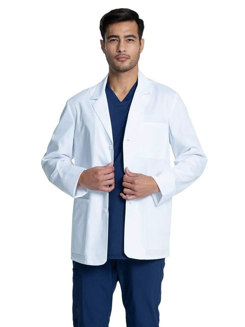 Man wearing Men's 30 Inch Lab Coat White Consultation Coat With Durable Mechanical Stretch Fabric Modern Fit Notched Lapels For Easy Mobility