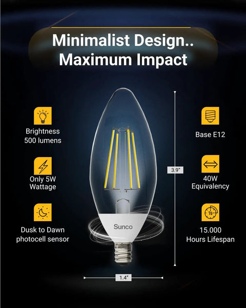 Close-up of a 10 Pack Dusk To Dawn LED B11 Filament Candelabra Bulb For Porch Lighting With E12 Base and detailed features.