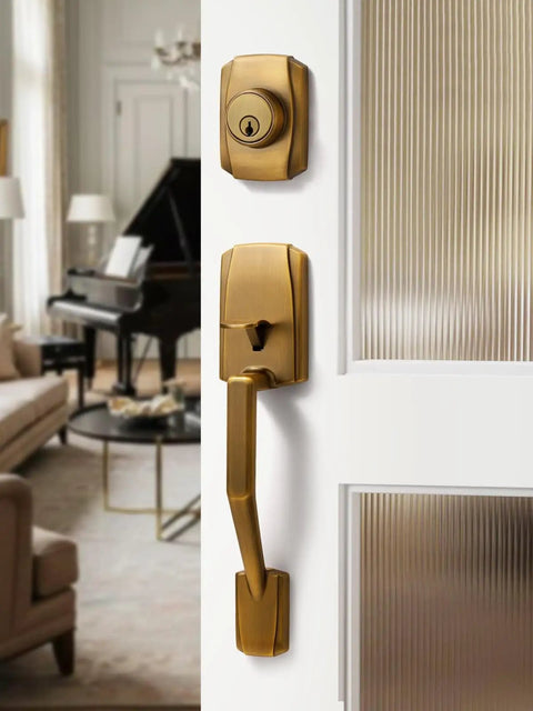 Antique Brass Front Door Handleset With Reversible Lever And Deadbolt Entry Door Hardware With Lock And Key Adjustable Latch for Doors 1 3 8 To 1 3 4 Inches Single Cylinder Built To Last, shown in living room setting.