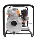 Straight Up Heavy Duty 196Cc Four Stroke Diesel Water Pump Three Inch Trash Transfer with clear inlet and outlet connections.