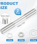 Beefy Double Ended Stud Screws M12x110mm With Nuts And Washers, 304 Stainless Steel Dual Threaded Rods For Home Improvement, Structural Anchoring And Fastening, 2 Pack; M12x1.75